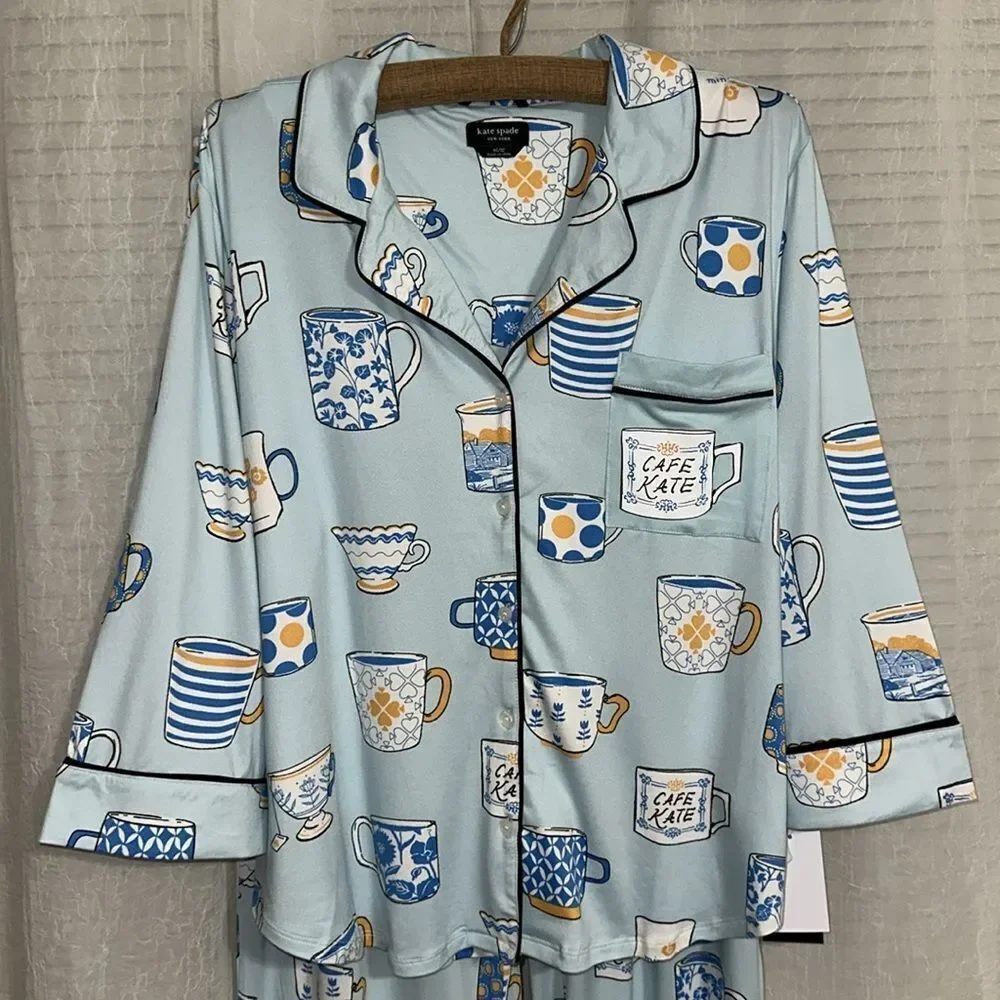 kate spade XL Light Blue Tea Coffee Print Notch Collar 3/4 Sleeve Pants PJ Set
